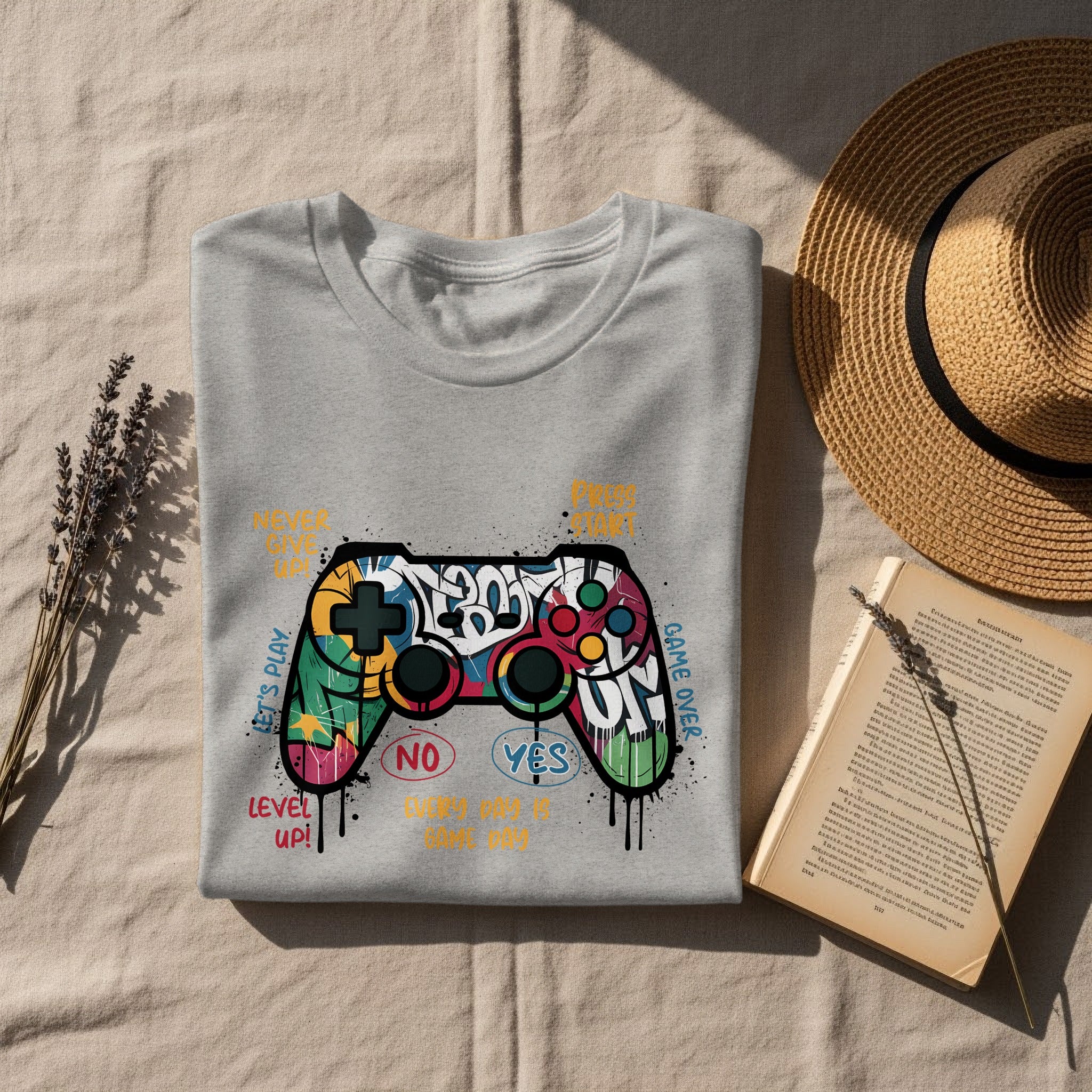 Grey t-shirt with colorful graffiti-style controller and gaming text.