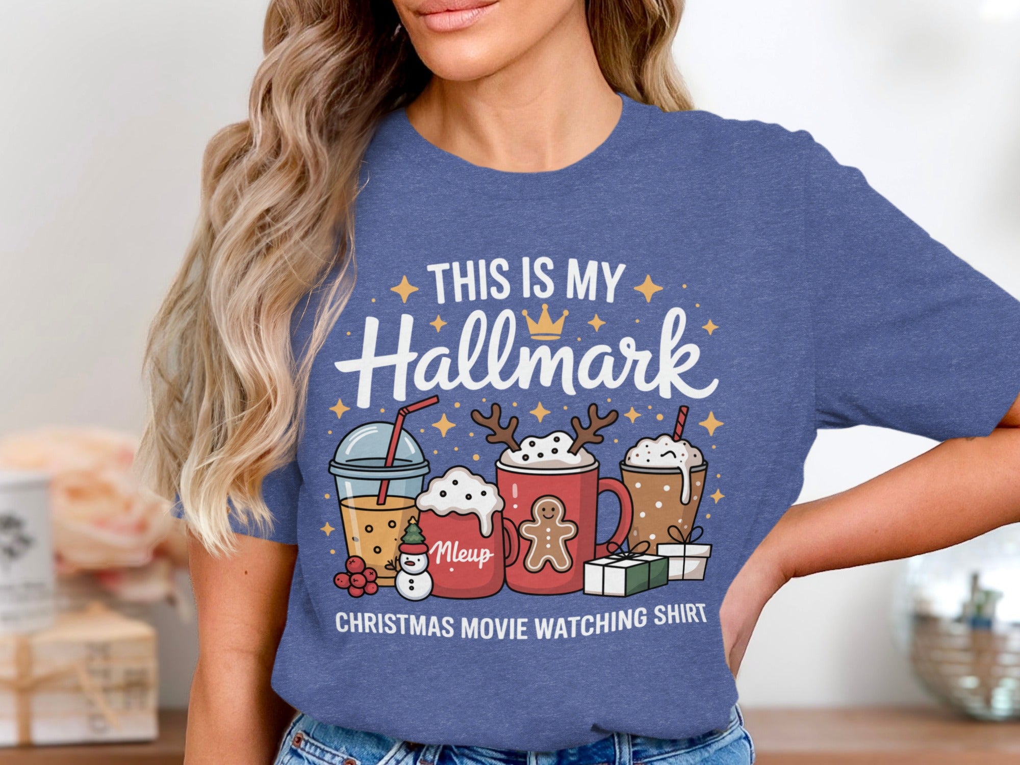 This is my Hallmark Christmas movie watching shirt with drinks and holiday graphics.