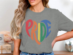 Grey t-shirt with rainbow-colored "PRIDE" text in a heart shape.