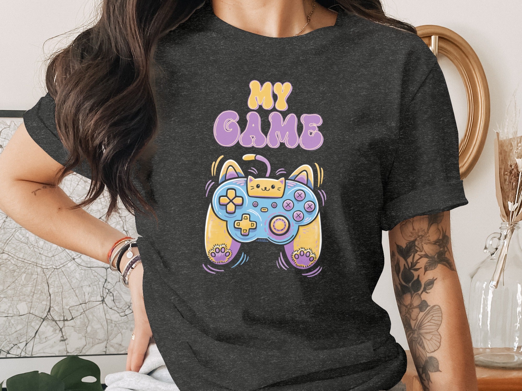 Dark grey t-shirt with "MY GAME" and a cat-shaped video game controller graphic.