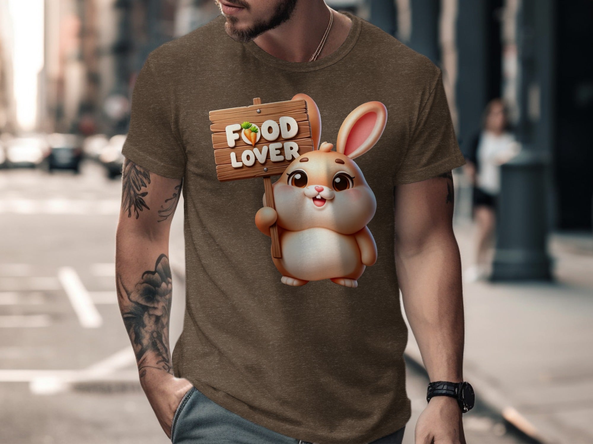 Cartoon rabbit holding a wooden sign that says "FOOD LOVER" with a carrot.