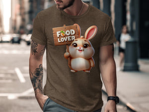 Cartoon rabbit holding a wooden sign that says "FOOD LOVER" with a carrot.