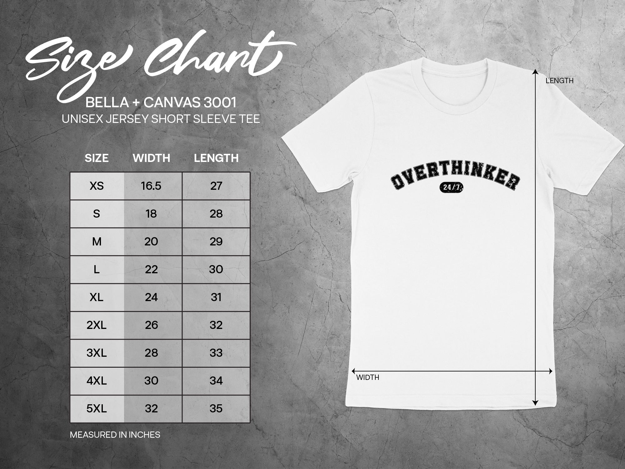 BELLA + CANVAS 3001 unisex short sleeve tee size chart with width and length measurements.