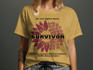 Sunflower graphic with "Survivor" and "Arteriovenous Malformation (AVM) Awareness" text.