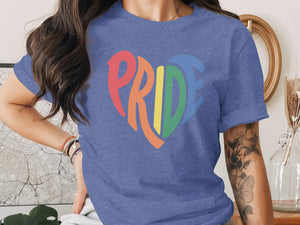 Blue t-shirt with rainbow heart graphic spelling "Pride".