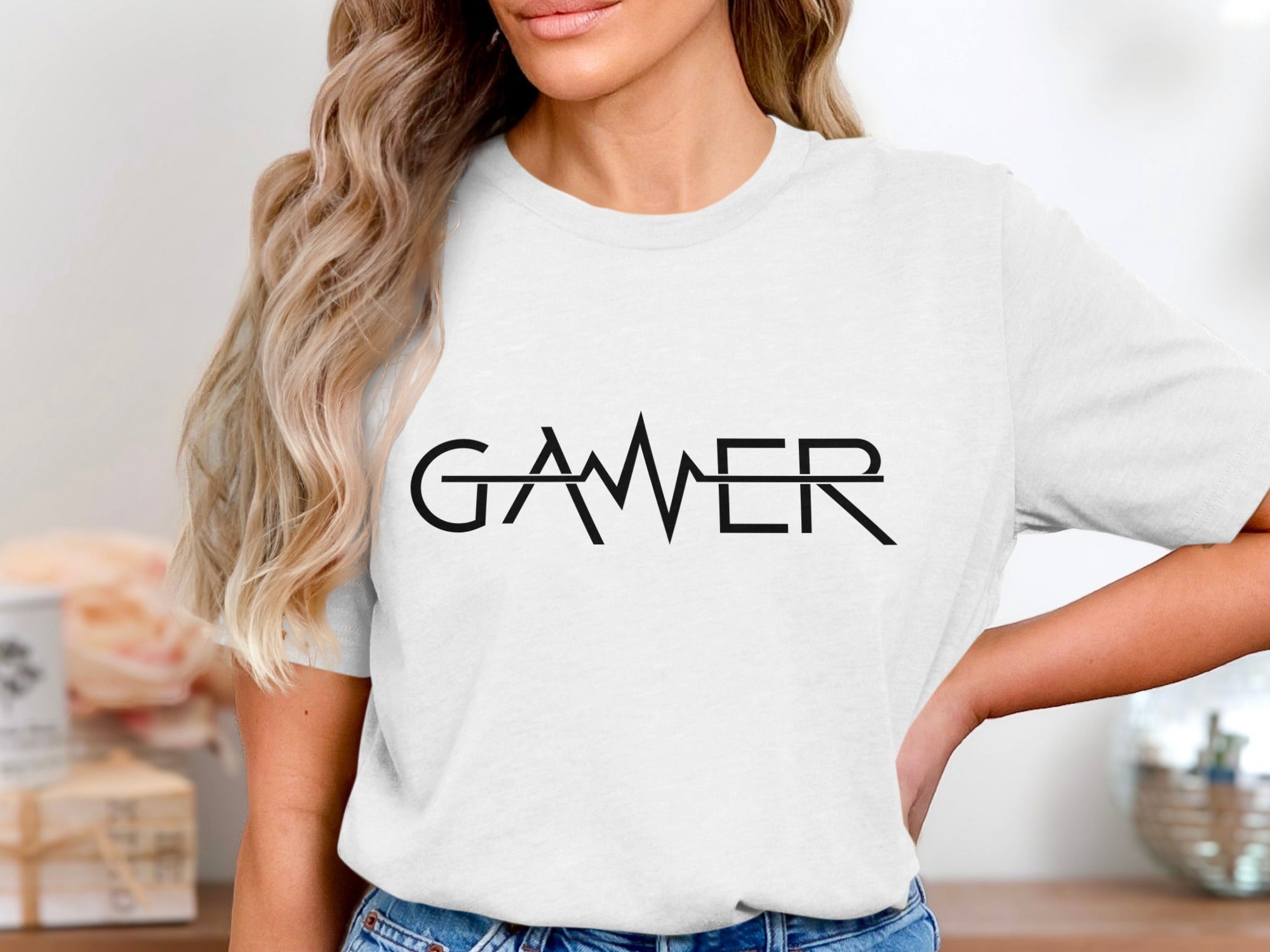 White t-shirt with black "GAWER" text in a stylized font.