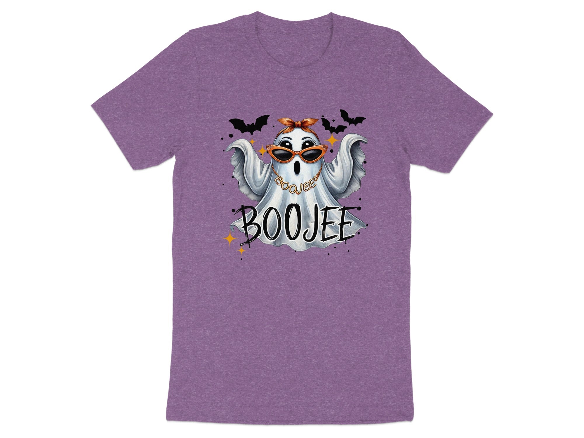 Ghost graphic with sunglasses and text "BOOJEE" on a purple t-shirt.