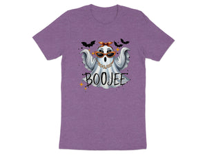 Ghost graphic with sunglasses and text "BOOJEE" on a purple t-shirt.