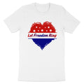 White t-shirt with red and blue heart graphic and "Let Freedom Ring" text.