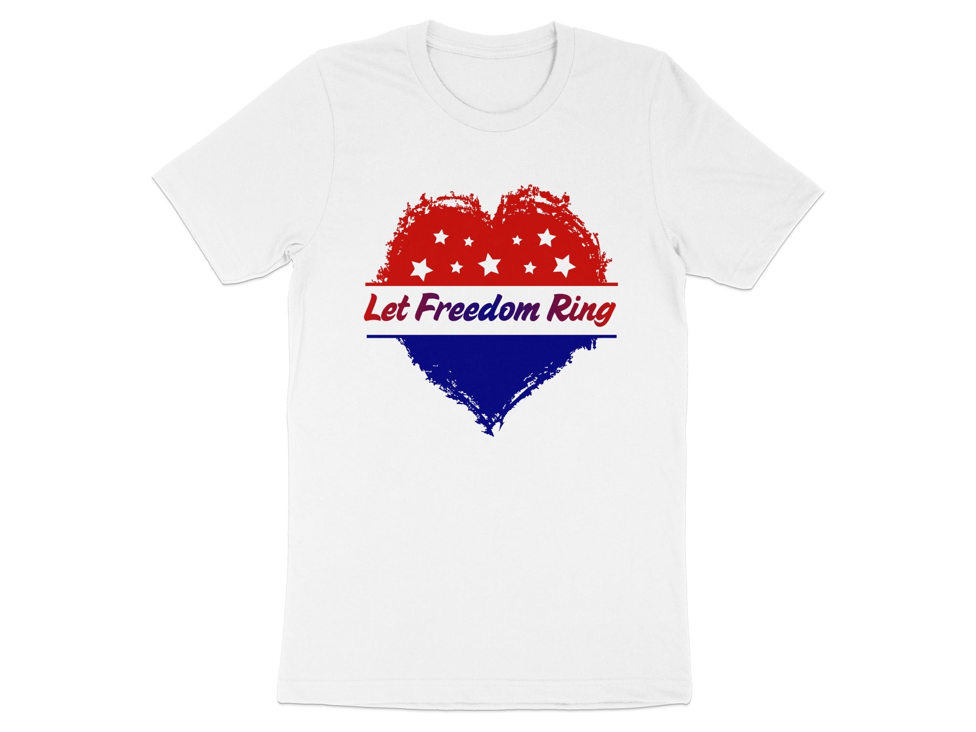White t-shirt with red and blue heart graphic and "Let Freedom Ring" text.