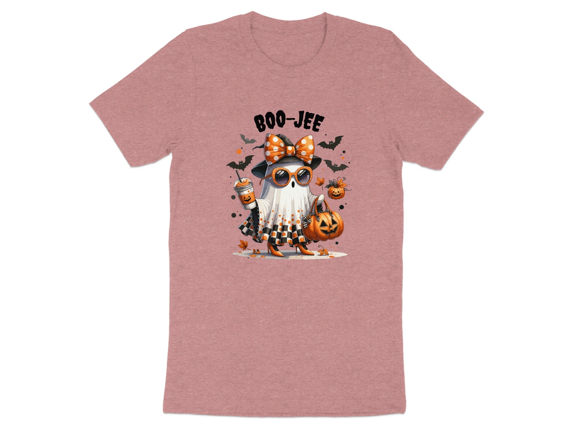 Ghost graphic saying "Boo-Jee" with pumpkins, bats, and a drink.