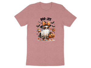 Ghost graphic saying "Boo-Jee" with pumpkins, bats, and a drink.