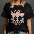 Black t-shirt with "Jingle Juice Crew" text and holiday drink graphics.