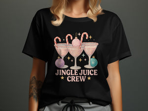 Black t-shirt with "Jingle Juice Crew" text and holiday drink graphics.