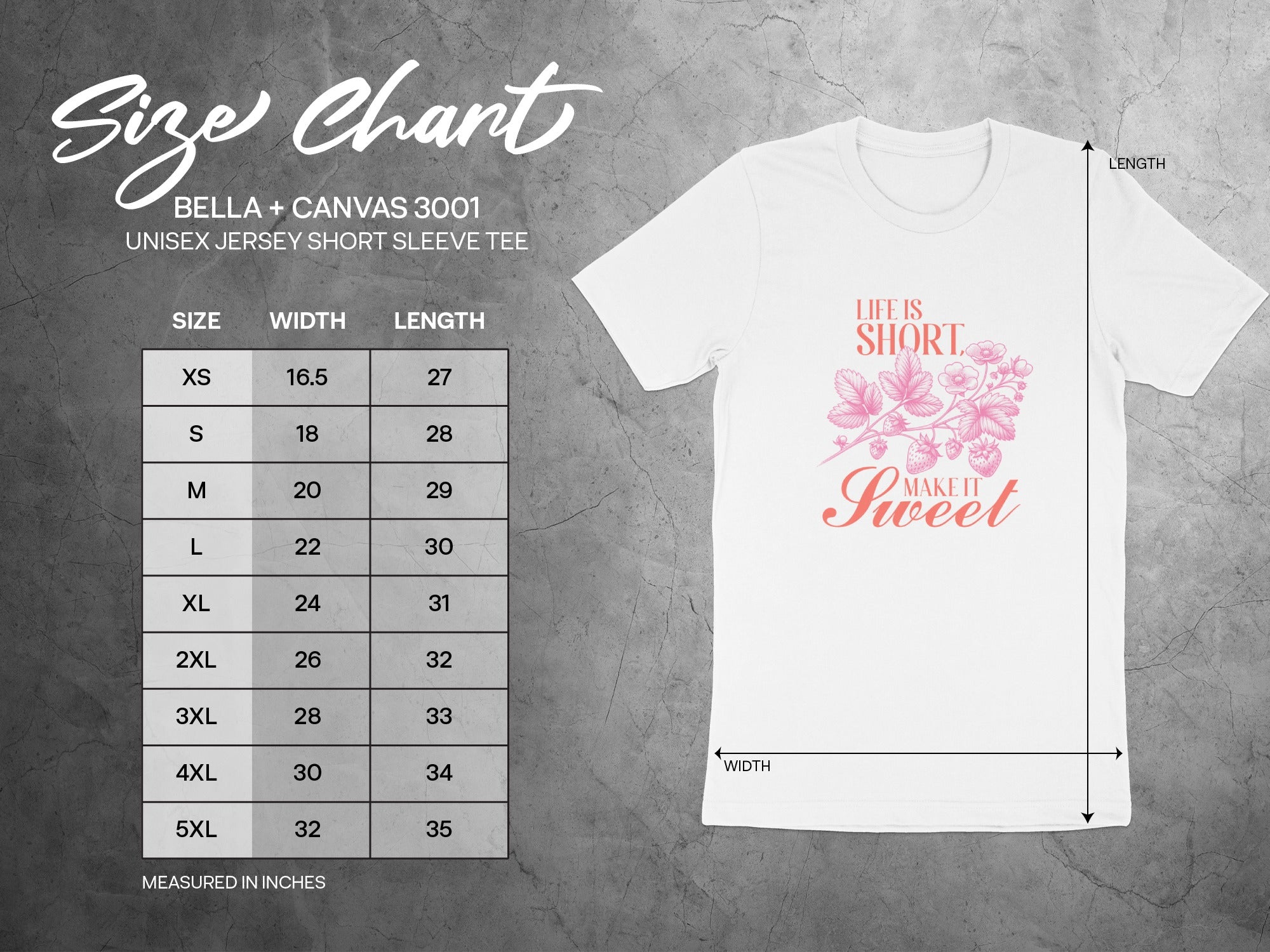 BELLA + CANVAS 3001 unisex tee size chart for width and length in inches.