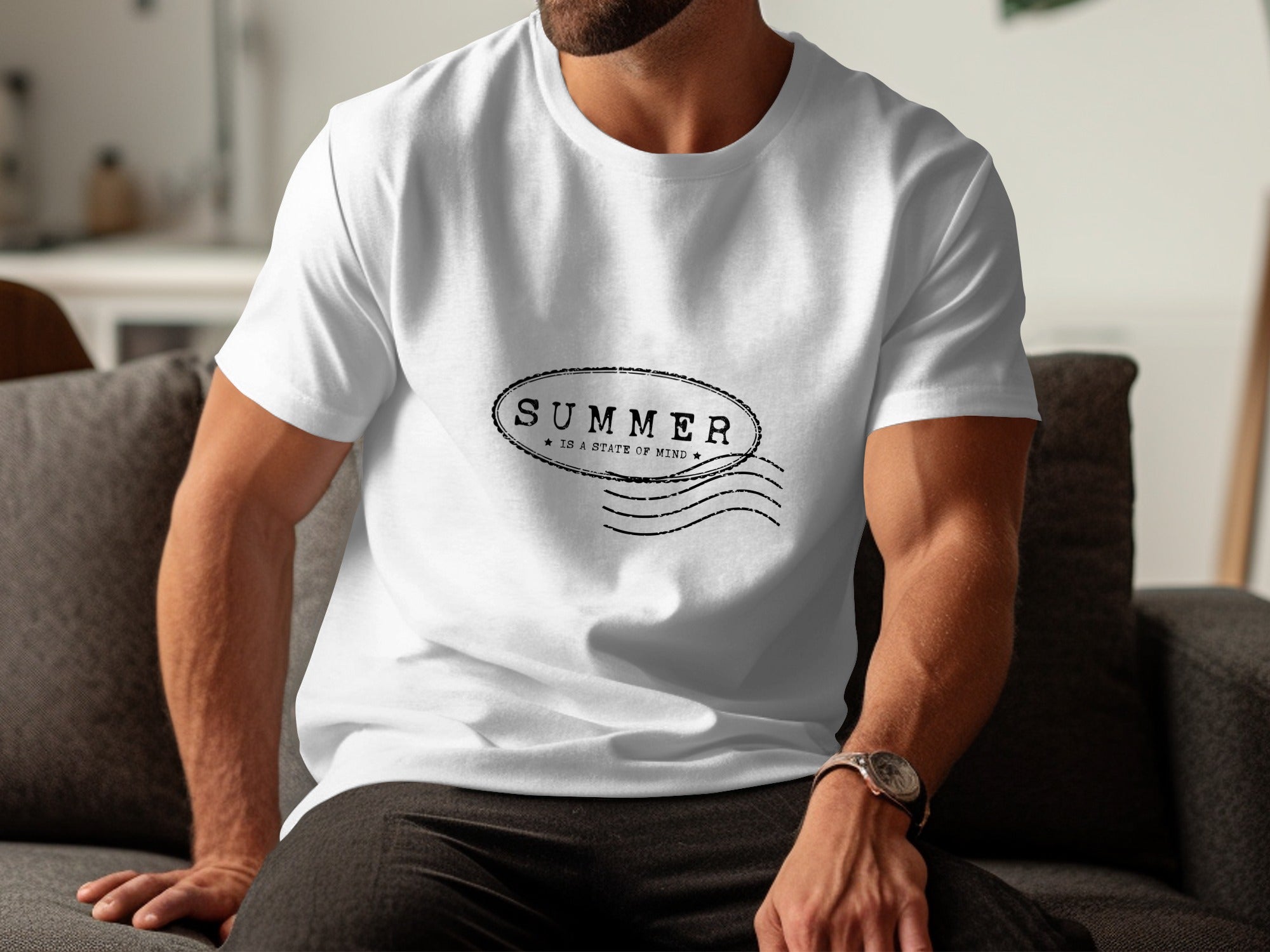 Man in white t-shirt with "SUMMER IS A STATE OF MIND" oval text design.