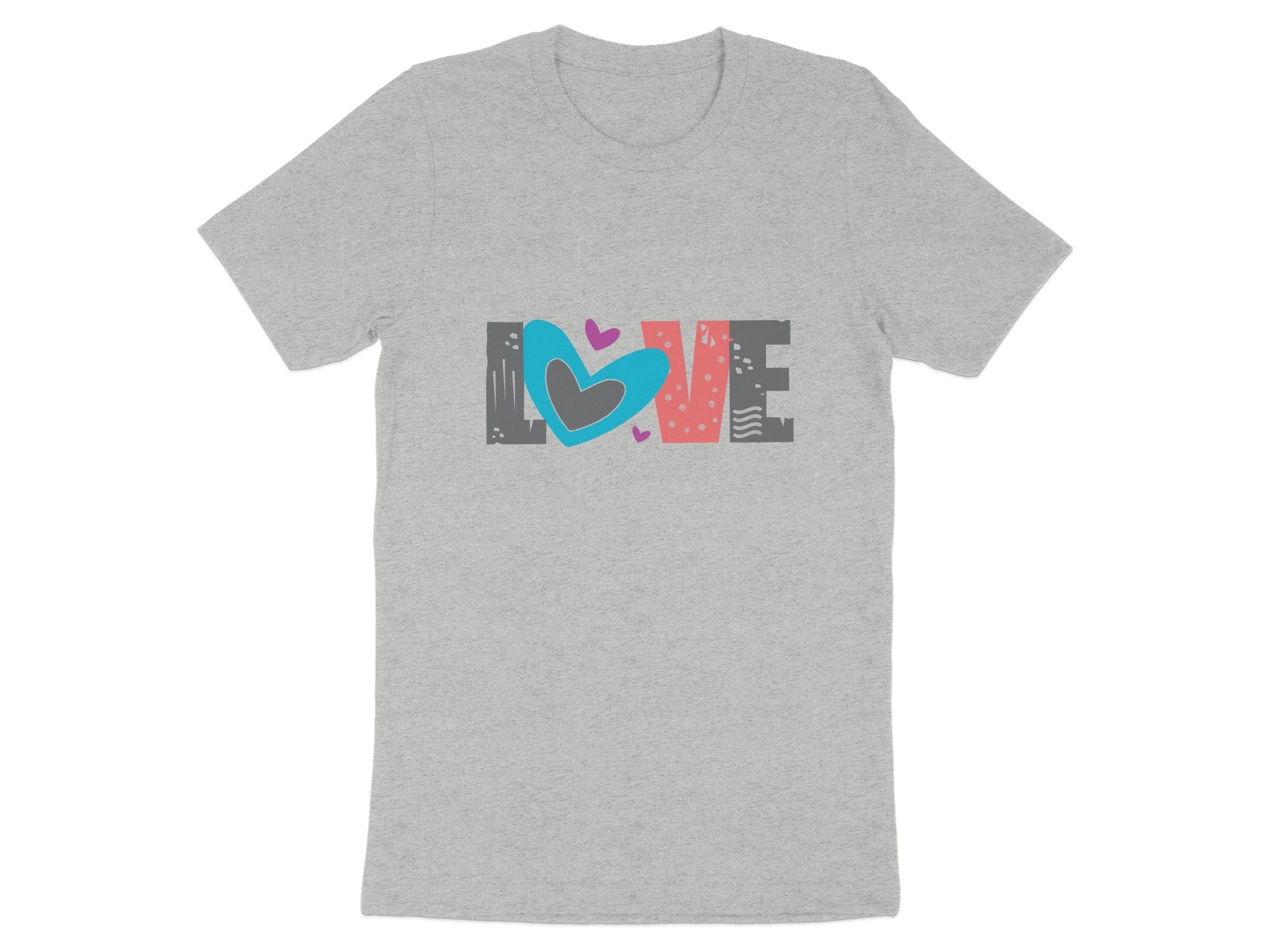 Grey t-shirt with the word "LOVE" in colorful, graphic lettering.