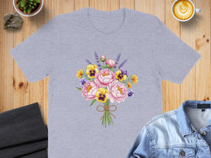 Grey t-shirt with a watercolor bouquet of peonies and pansies.