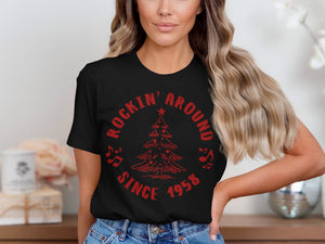 Black t-shirt with red Christmas tree graphic and "Rockin' Around Since 1958" text.