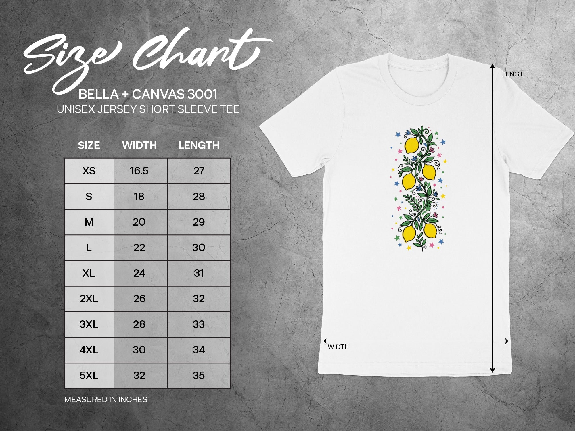 Bella + Canvas 3001 size chart for unisex short sleeve tees with width and length.