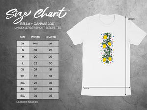 Bella + Canvas 3001 size chart for unisex short sleeve tees with width and length.