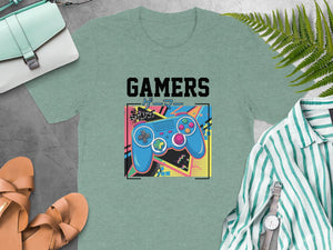 Green t-shirt with "GAMERS" and a retro video game controller graphic.