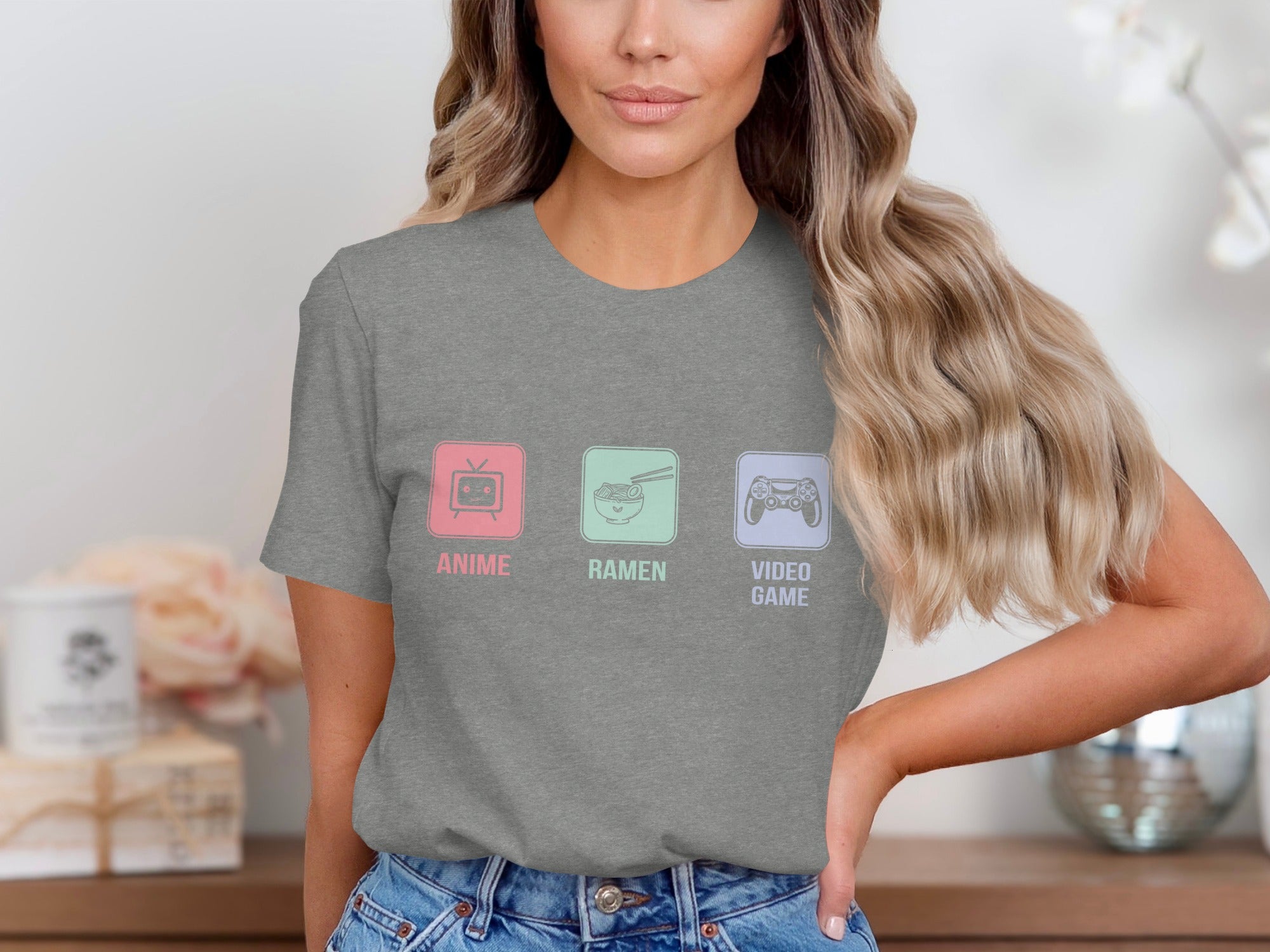 Grey t-shirt with "Anime," "Ramen," and "Video Game" in pastel-colored boxes.