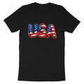 Black t-shirt with "USA" printed in an American flag design.
