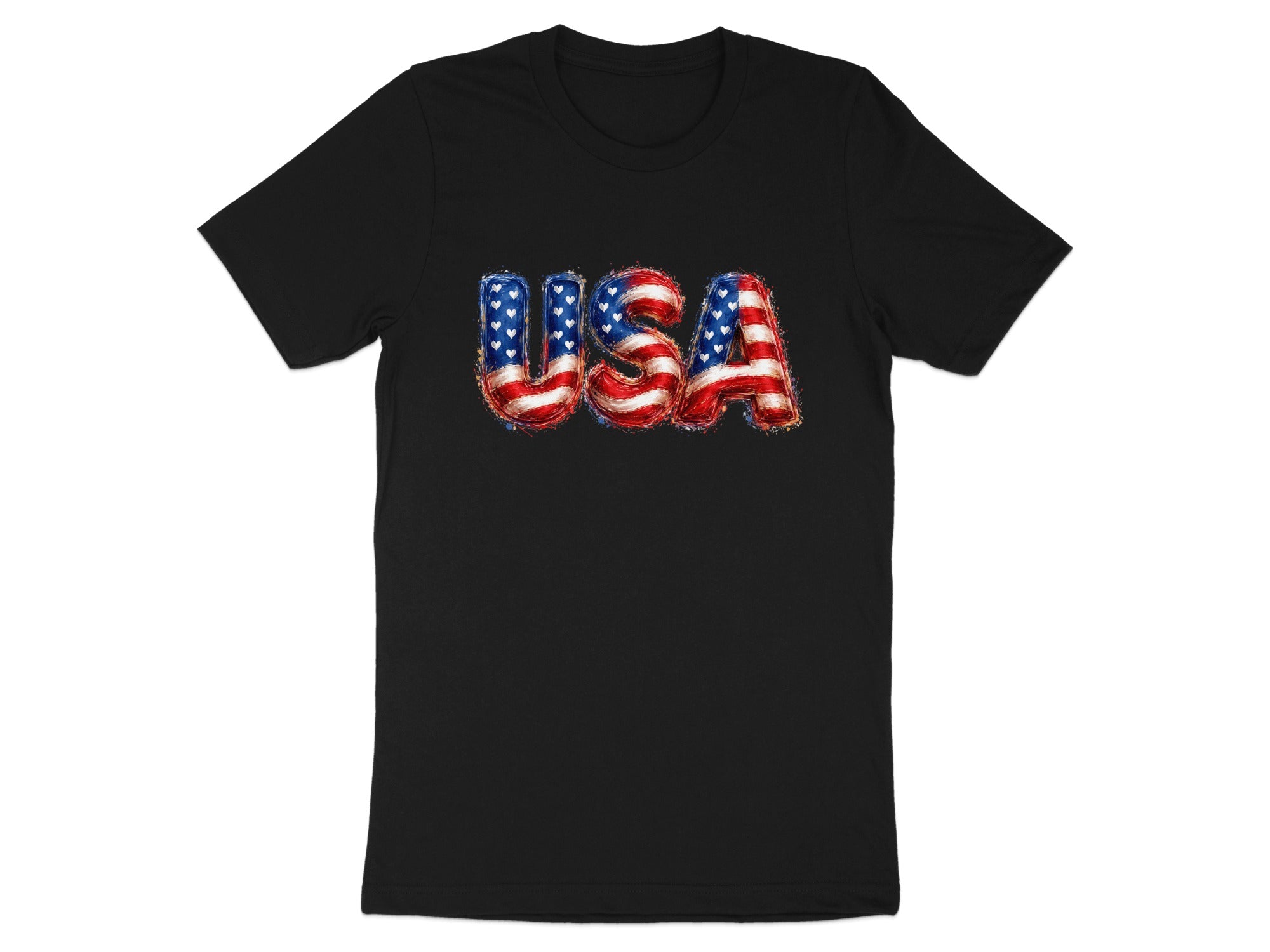 Black t-shirt with "USA" printed in an American flag design.