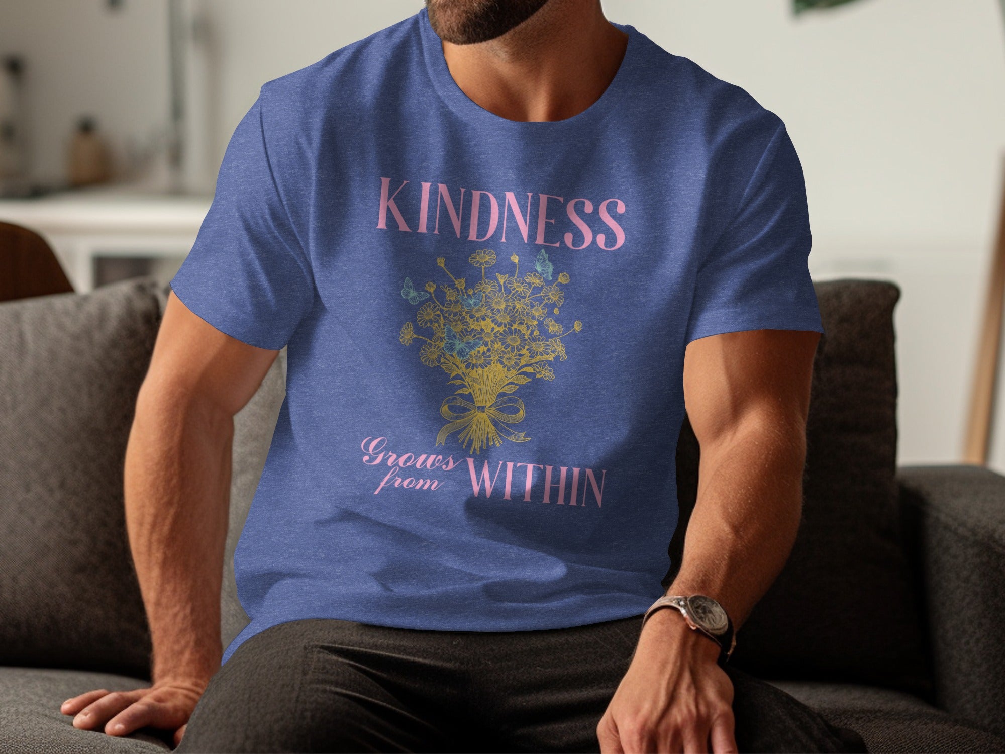 Blue t-shirt with "KINDNESS Grows from WITHIN" text and floral bouquet design.