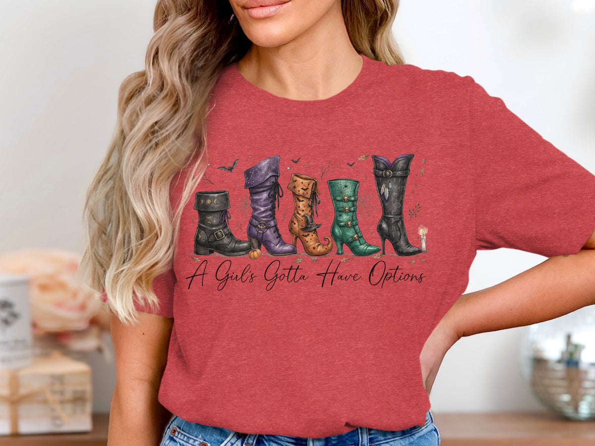 Five whimsical witch boots with Halloween-themed details and the text "A Girl's Gotta Have Options."