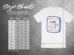 Bella + Canvas 3001 unisex tee size chart with width and length measurements in inches.