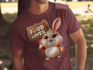 Cute cartoon rabbit holding a wooden sign that says "Food Lover".