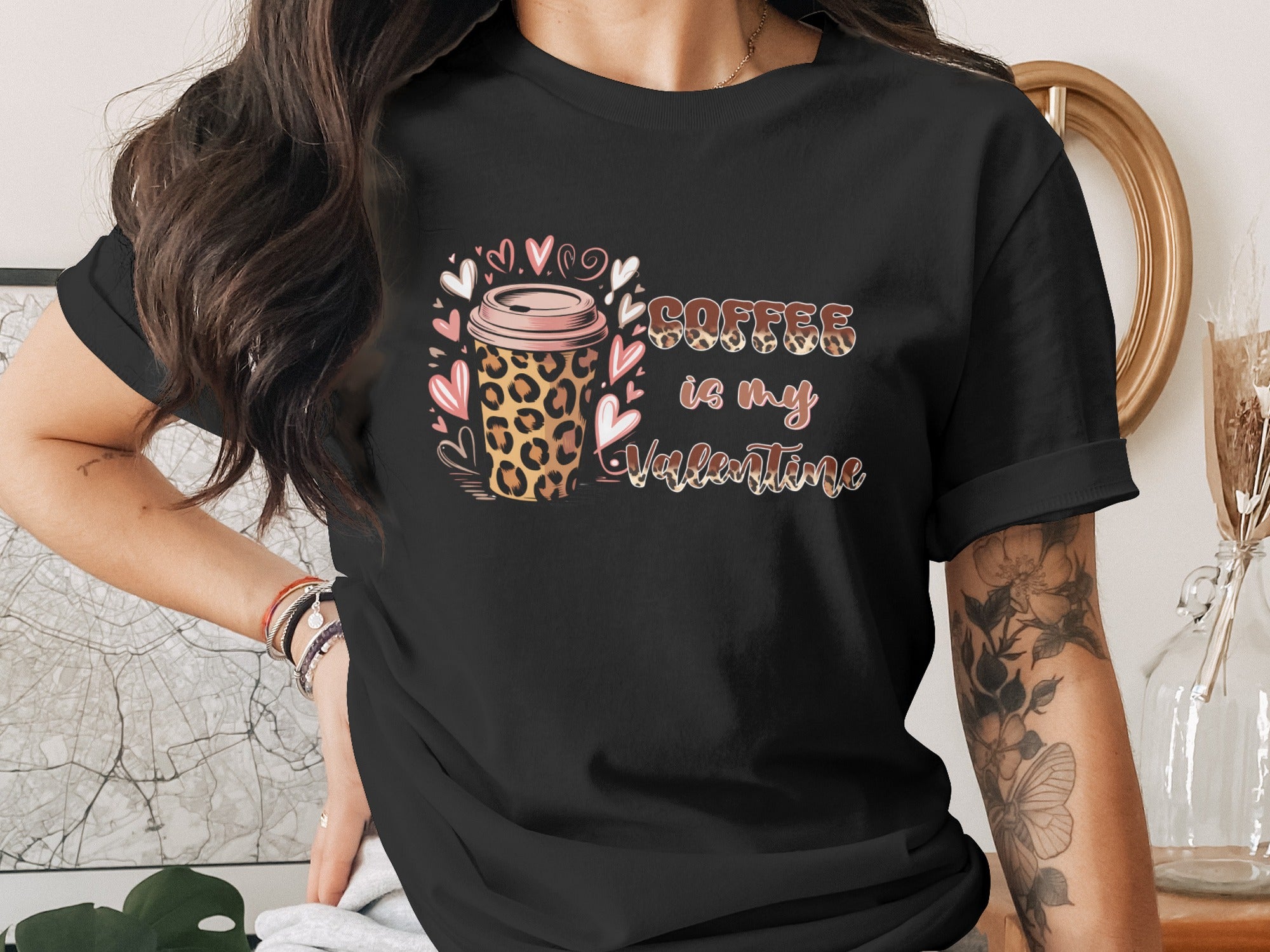 Black t-shirt features a coffee cup and the text "Coffee is my Valentine".