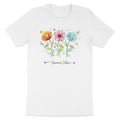 White t-shirt with watercolor flowers, birds, butterflies, and "Summer Vibes" text.
