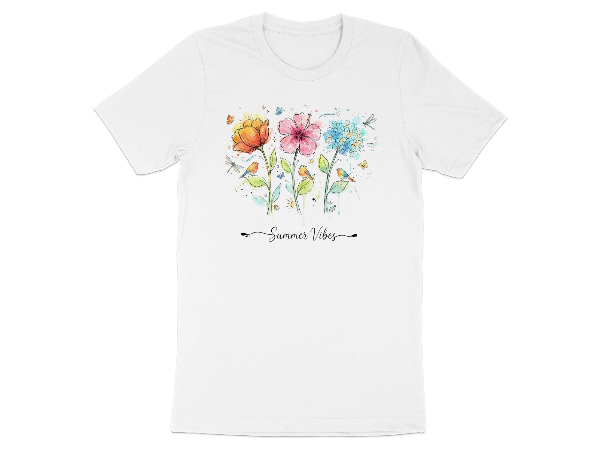 White t-shirt with watercolor flowers, birds, butterflies, and "Summer Vibes" text.