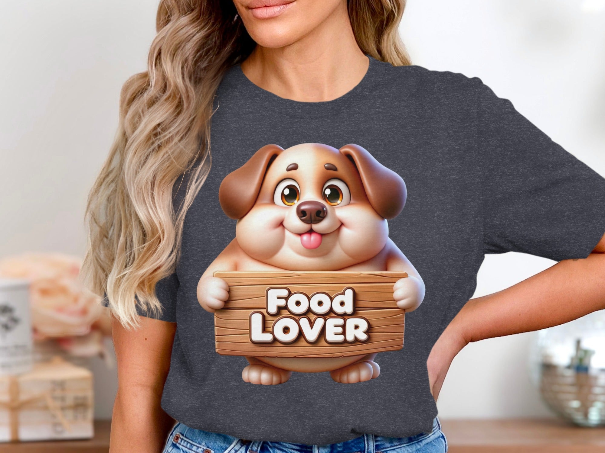 Cartoon dog holding a wooden sign that says "Food LOVER"