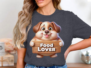 Cartoon dog holding a wooden sign that says "Food LOVER"
