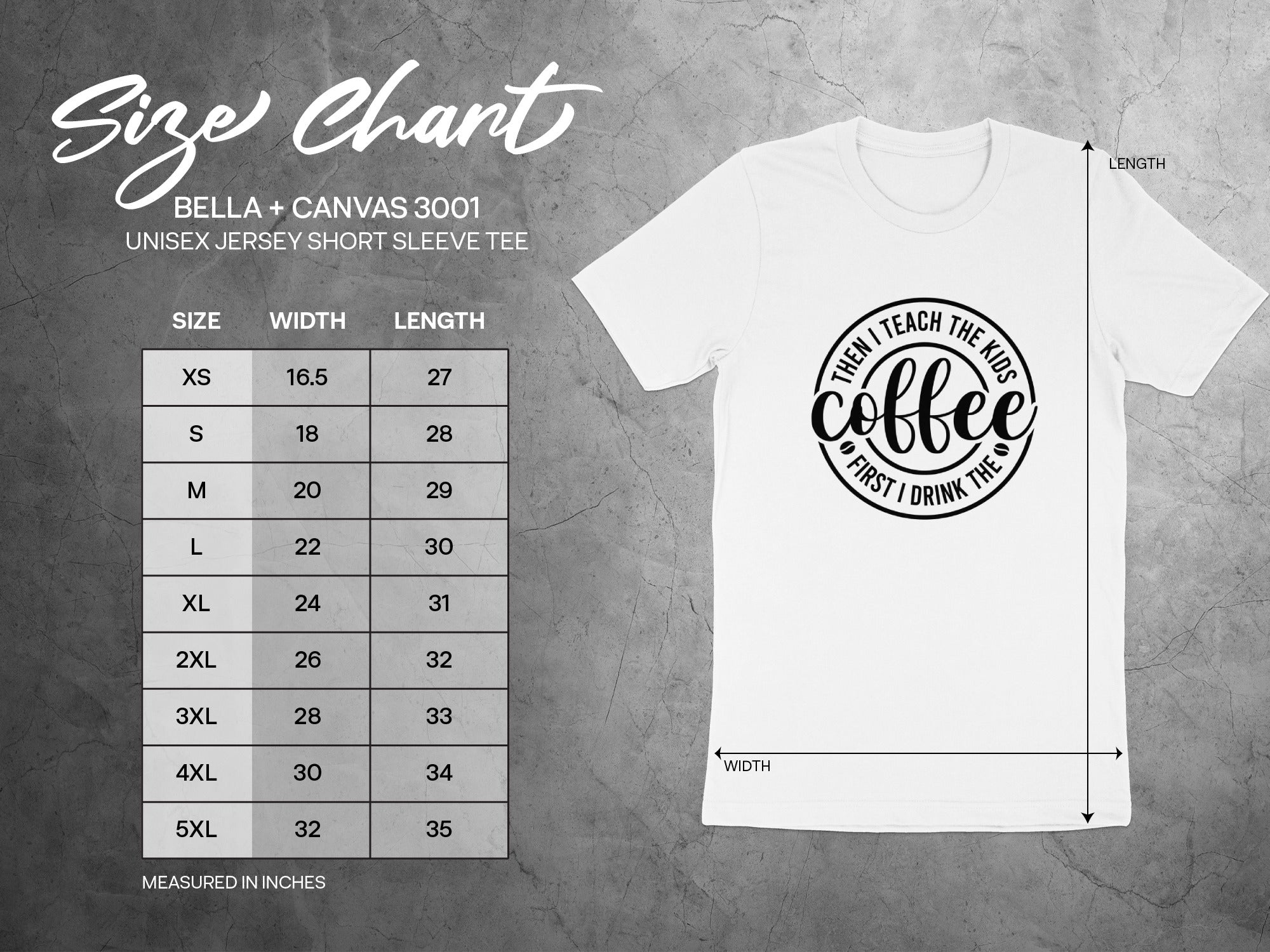 BELLA + CANVAS 3001 size chart for unisex short sleeve tees with measurements.