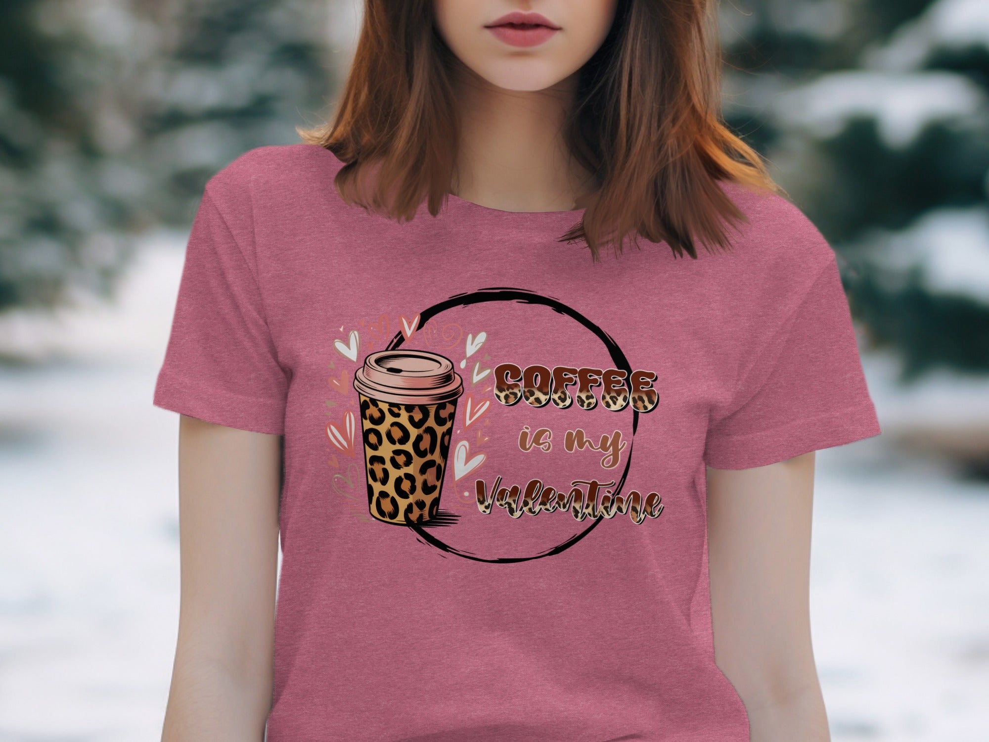 Pink t-shirt with leopard print coffee cup graphic and text "Coffee is my Valentine".