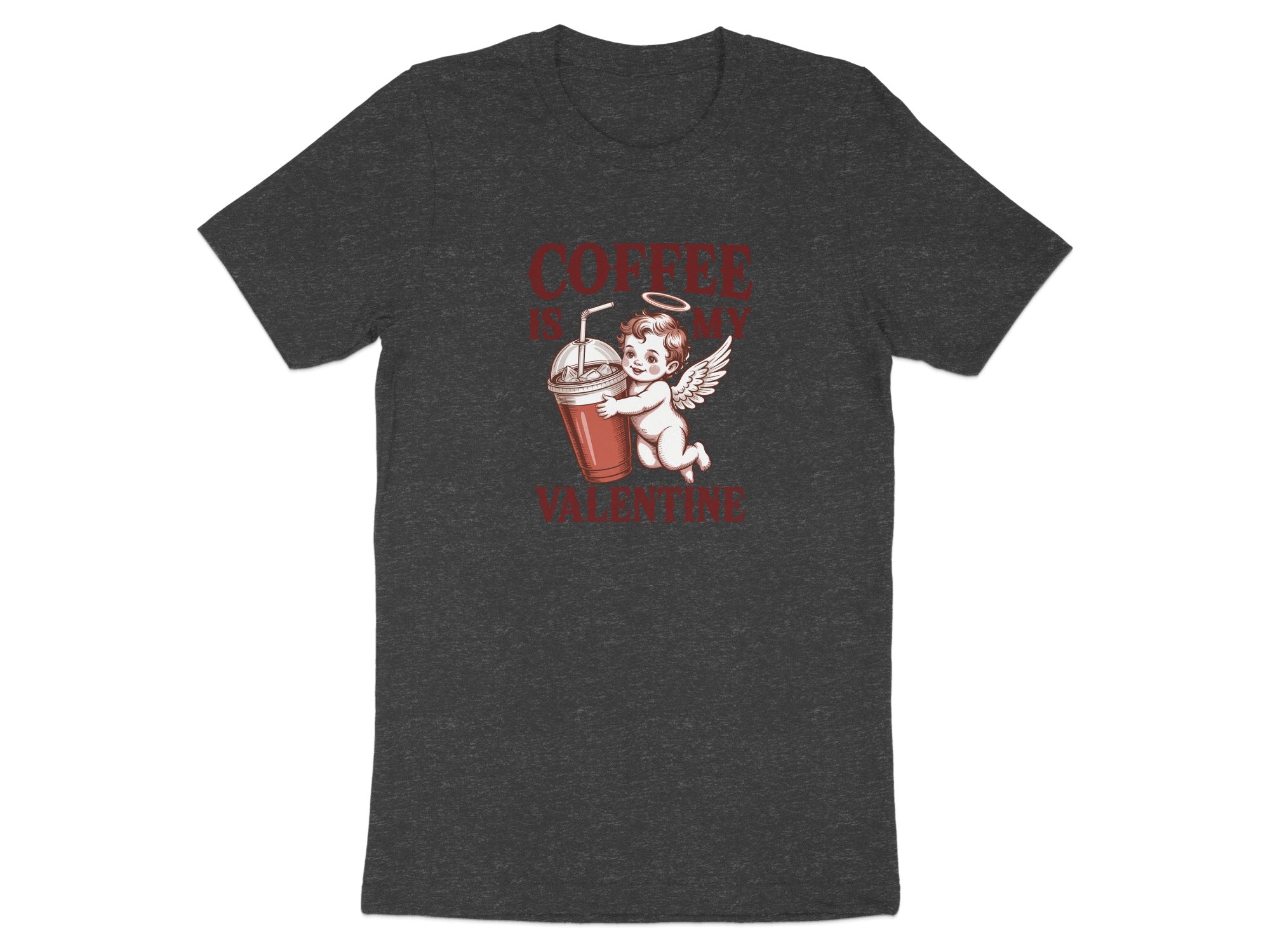 Dark grey t-shirt with cupid holding coffee cup, text "COFFEE IS MY VALENTINE".