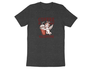 Dark grey t-shirt with cupid holding coffee cup, text "COFFEE IS MY VALENTINE".