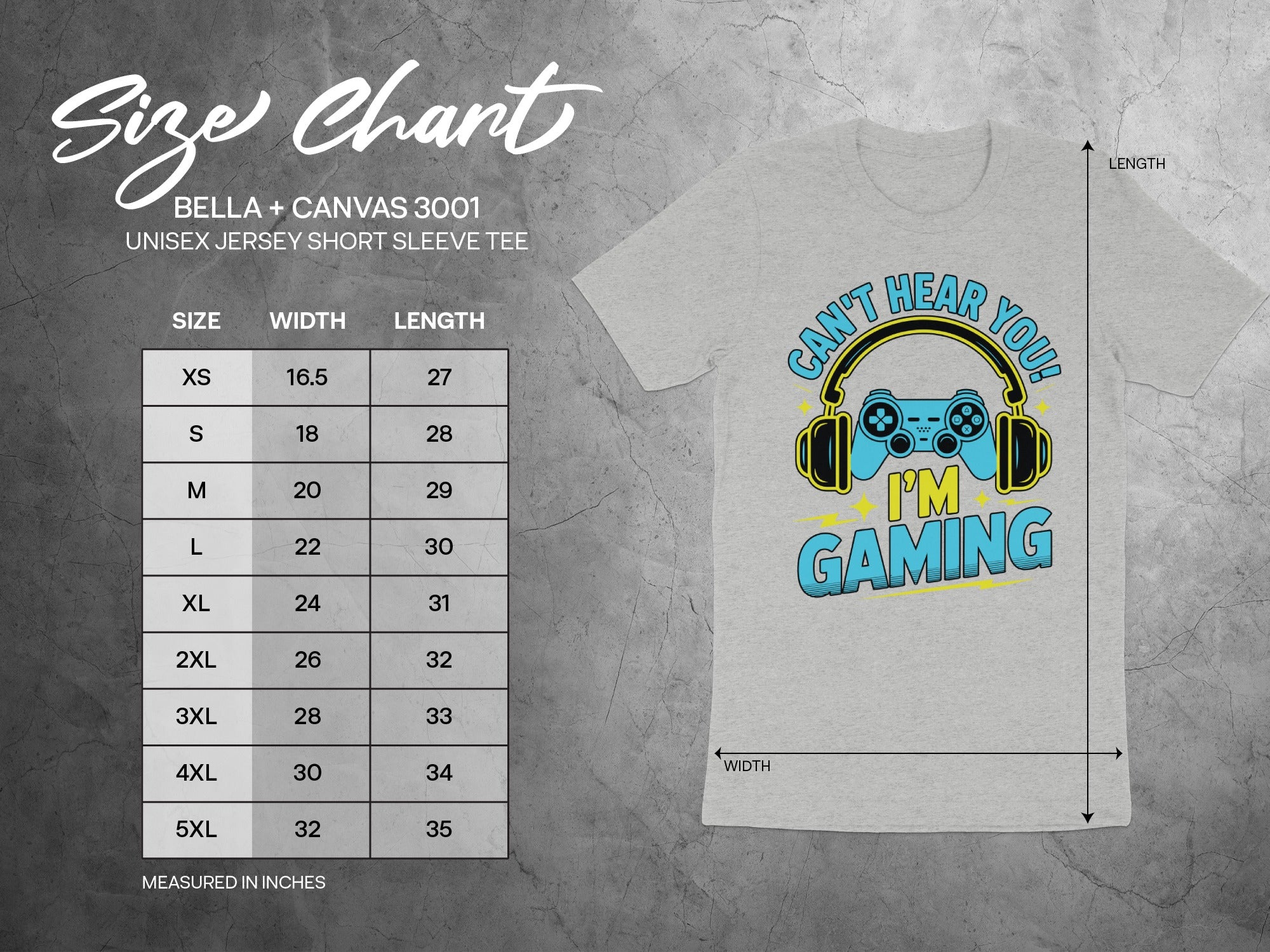 BELLA + CANVAS 3001 size chart for unisex jersey short sleeve tee with graphic.
