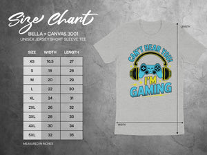 BELLA + CANVAS 3001 size chart for unisex jersey short sleeve tee with graphic.