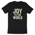 Black t-shirt with distressed text "JOY TO THE WORLD"