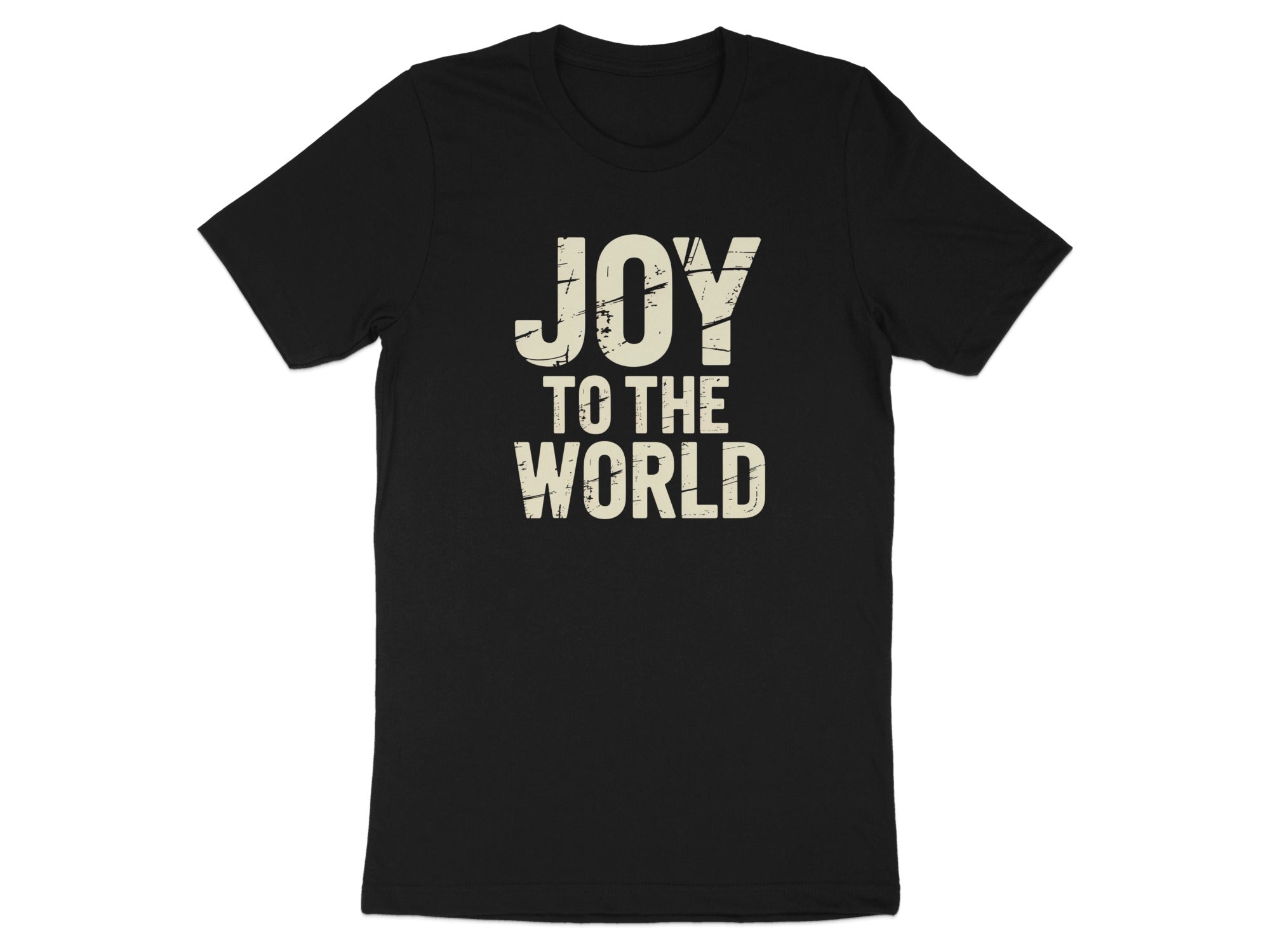 Black t-shirt with distressed text "JOY TO THE WORLD"