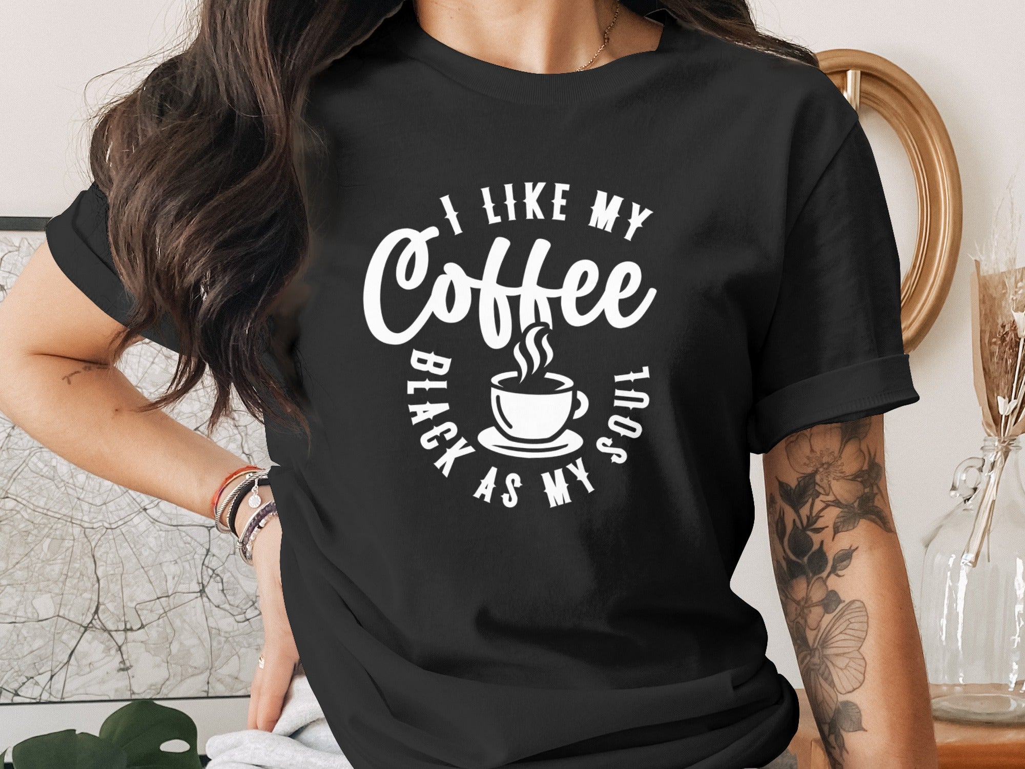 Black t-shirt with white text: "I like my Coffee BLACK AS MY SOUL"
