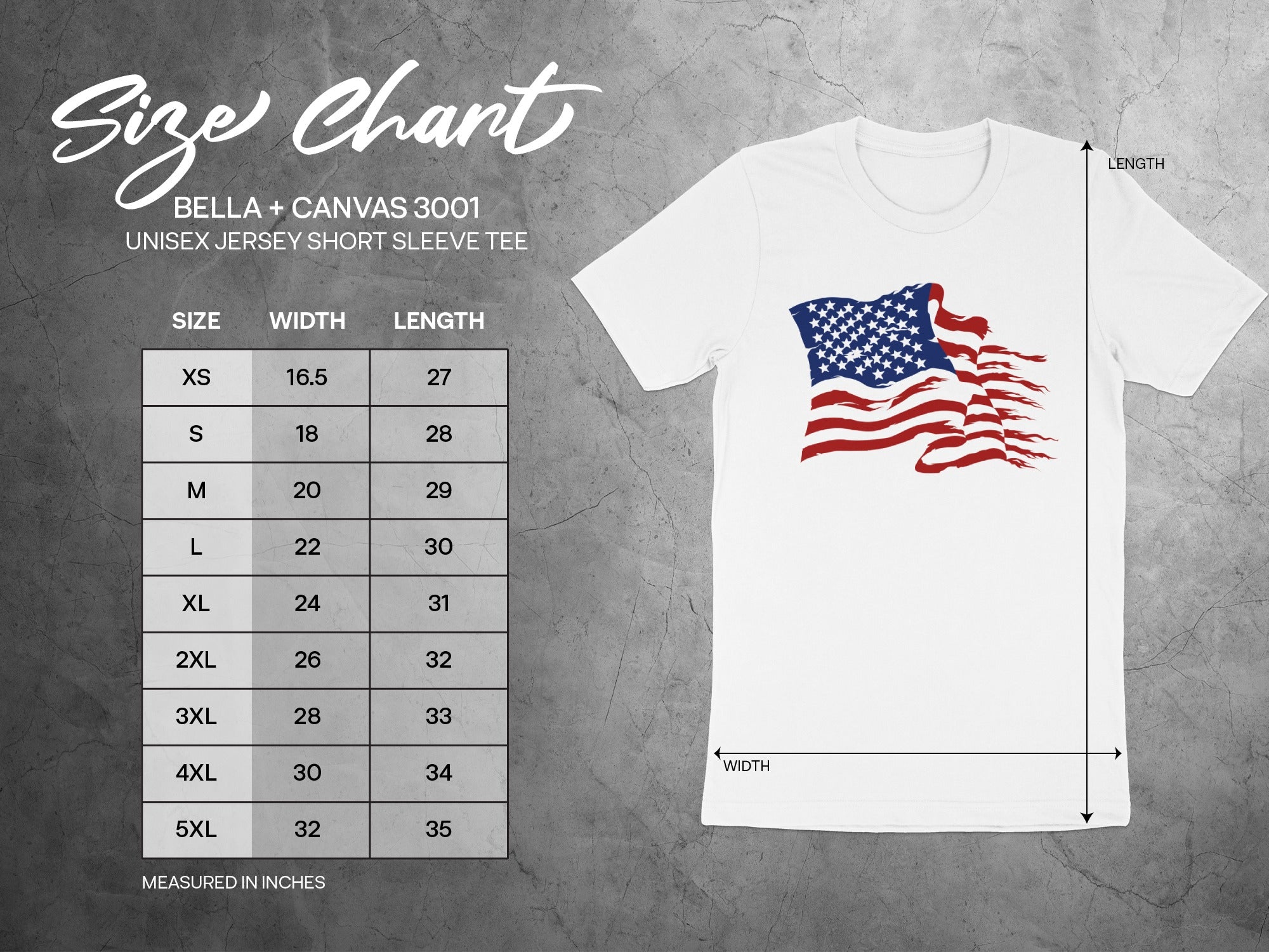 Bella + Canvas 3001 unisex tee size chart with width and length measurements in inches.