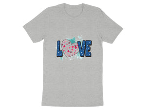 Grey t-shirt with "LOVE" text and a heart decorated with smaller hearts.