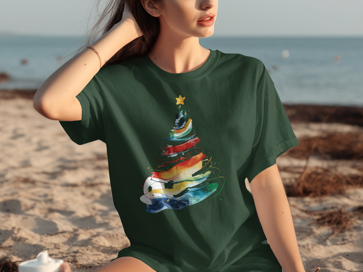 Dark green t-shirt with abstract rainbow Christmas tree watercolor print.